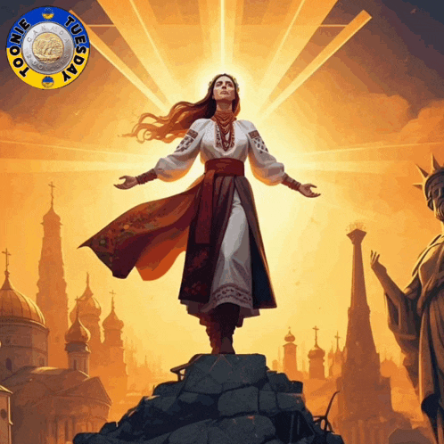 a painting of a woman standing on top of a pile of rocks with the words tuesday on the top