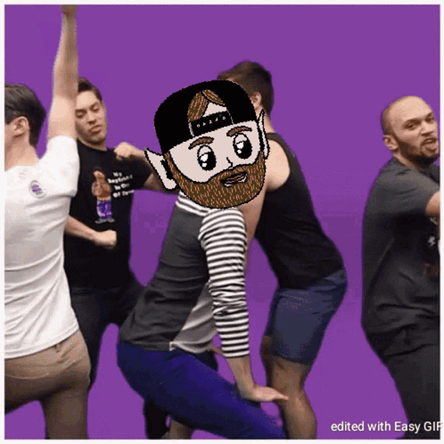 a cartoon of a man with a beard is surrounded by other people on a purple background