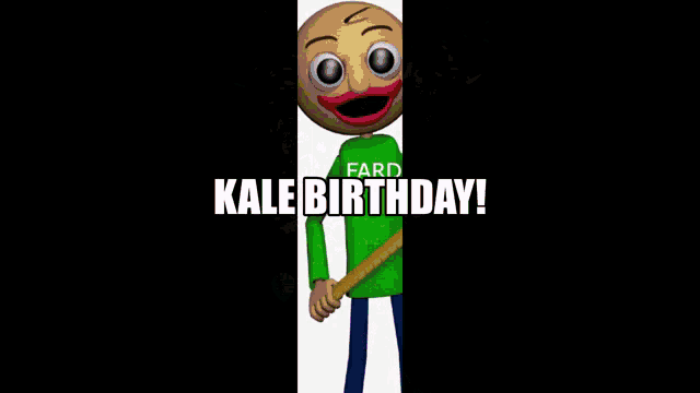 a cartoon character holding balloons and the words kale birthday