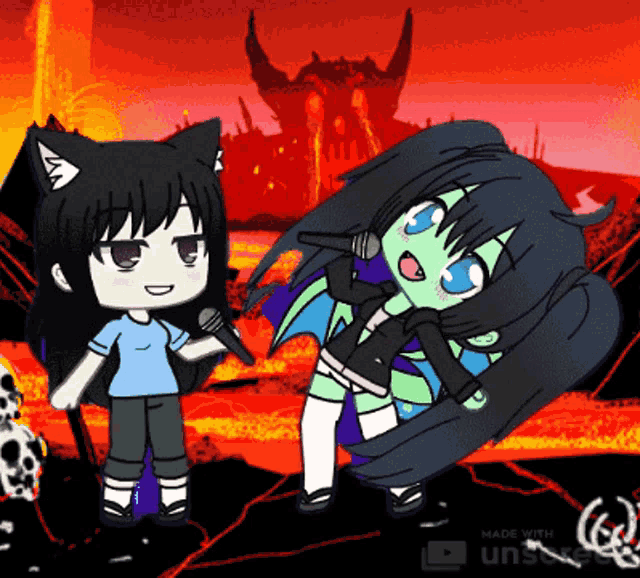 a cartoon of a girl holding a microphone next to a monster