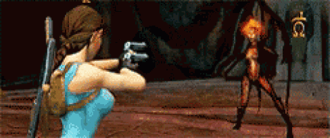 a woman in a blue dress is holding a gun in front of a monster