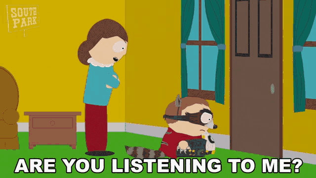 a cartoon of a raccoon with the words " are you listening to me " below it