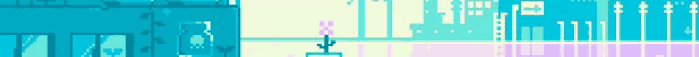 a pixel art drawing of a building with a pink flower in the foreground
