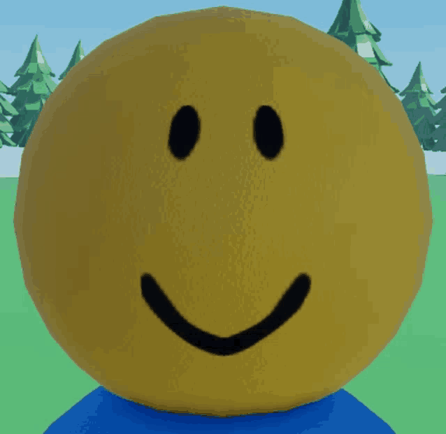 a yellow smiley face with black eyes and a blue shirt