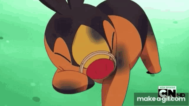 a cartoon dog is laying on the ground with a red nose and a black face .