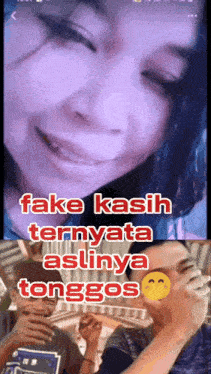 a picture of a woman and a picture of a man with the words fake kasih ternyata aslinya tonggos