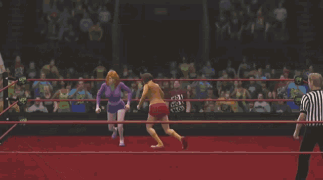 a woman in a purple dress stands in a wrestling ring