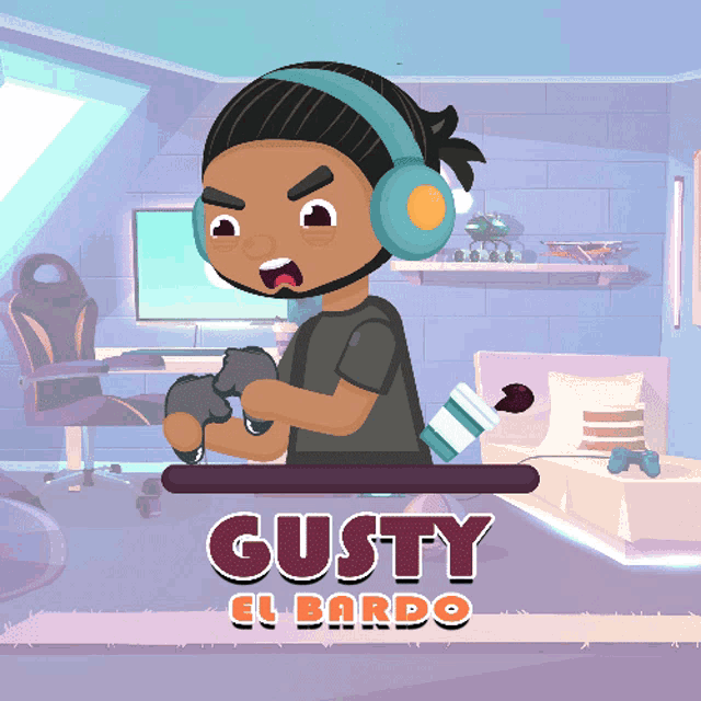 a cartoon illustration of a boy playing a video game with the name gusty el bardo