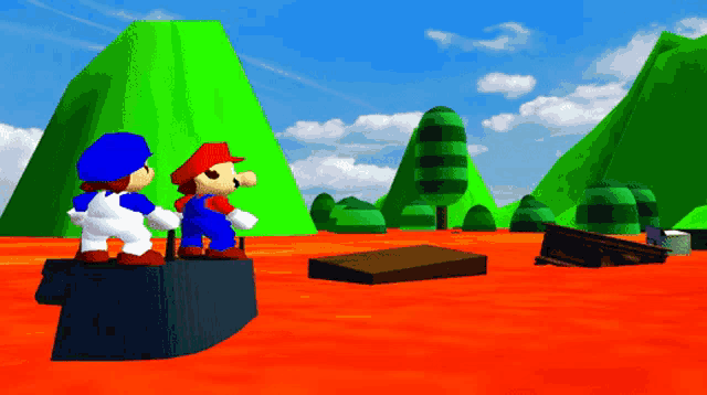 a video game scene with two mario characters standing on a rock
