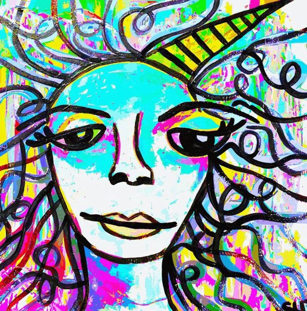a colorful drawing of a woman 's face with a unicorn horn on her head