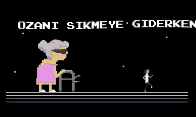 a pixel art of an elderly woman walking with a walker