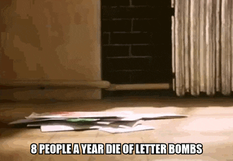 8 people a year die of letter bombs is written on a wooden floor