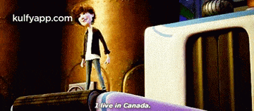 a cartoon character says " i live in canada " while standing on a purple object