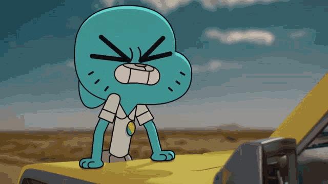 gumball from the amazing world of gumball is sitting on the hood of a yellow car