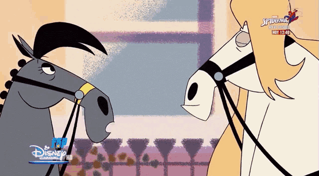 two cartoon horses are standing next to each other with a disney logo on the bottom right