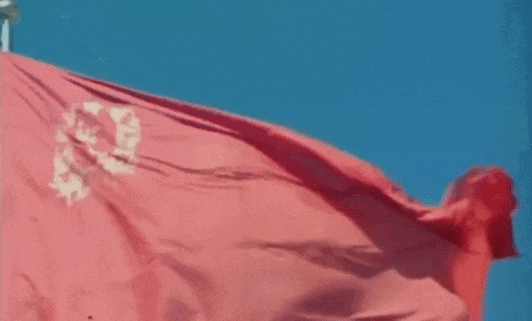 a red flag with white letters is waving in the wind