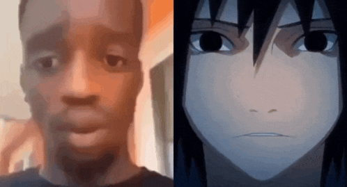 a close up of a man 's face next to a close up of a boy 's face from a anime .