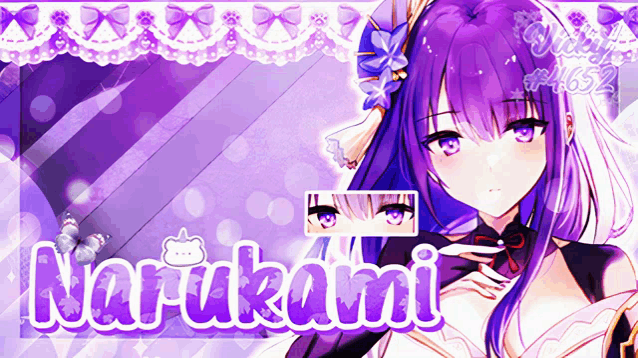 a purple anime girl with the name narukami on the bottom