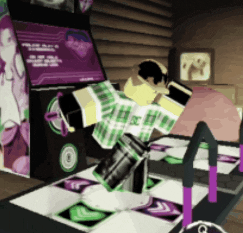 a cartoon character is playing a video game with a purple box that says ' rhythm ' on it