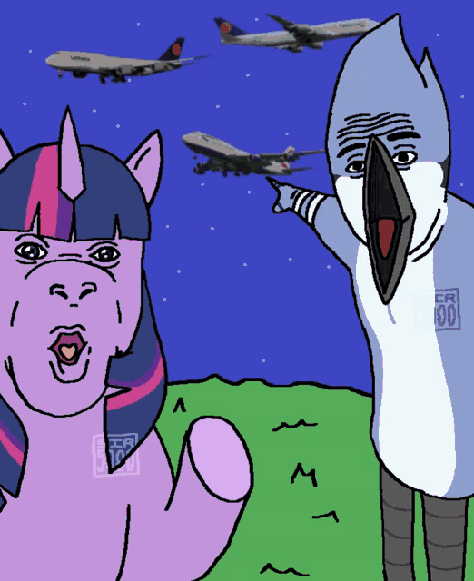 a cartoon drawing of a pony and a bird with planes flying in the background