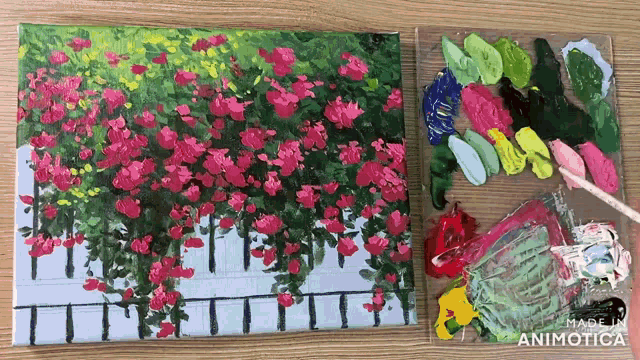 a painting of a fence with pink flowers is being made by animatica