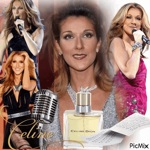 a collage of pictures of celine dion with a bottle of celine dion perfume