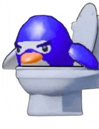 a blue penguin is sitting in a toilet with its head out of it .
