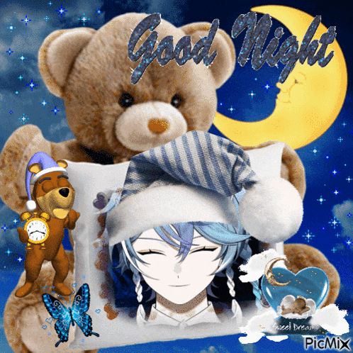 a picture of a teddy bear holding a pillow that says good night on it