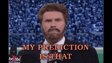 a man with a beard stands in front of a microphone with the words " my prediction is that " below him