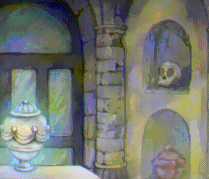 a painting of a building with a vase and a skull on a shelf