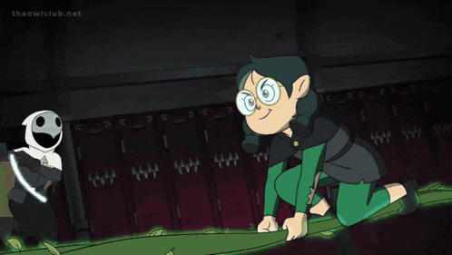 a cartoon of a girl kneeling down next to a masked person