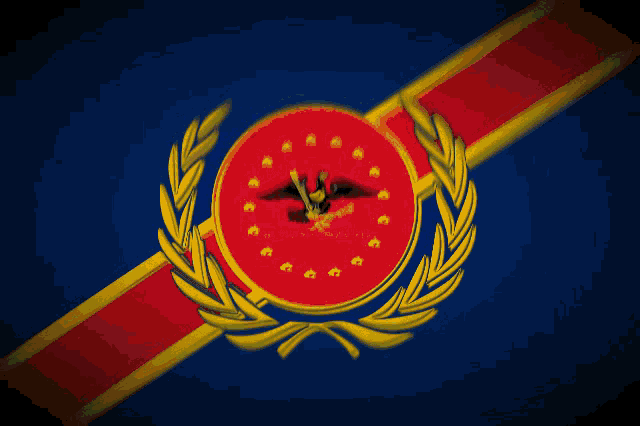 a blue and red flag with a clock in the middle