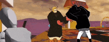 a couple of cartoon characters are standing next to each other in a room .