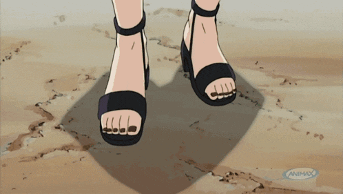a cartoon of a woman 's feet with an animax logo in the background