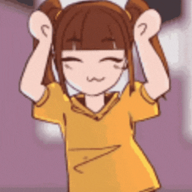a cartoon girl is wearing a yellow shirt and holding her hands up .