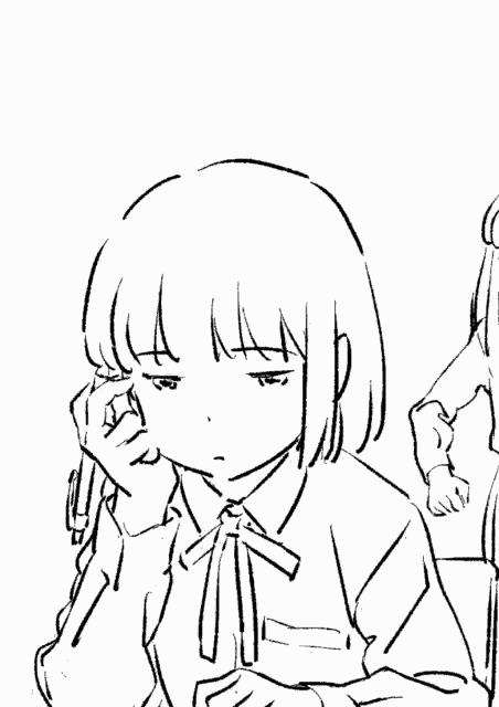 a black and white drawing of a girl sitting on a chair .