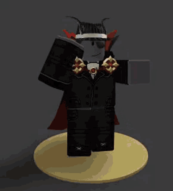 a 3d model of a roblox character in a black suit and cape .