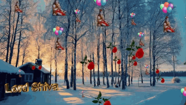 a picture of a snowy forest with the words lord shiva on the bottom right