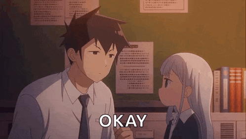 a man and a girl are looking at each other and the word okay is visible
