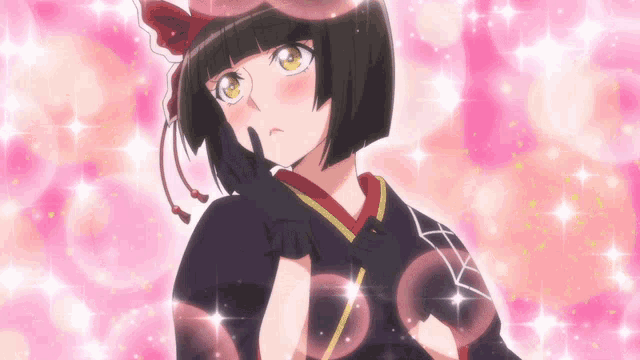 a girl with short black hair and yellow eyes is wearing a kimono