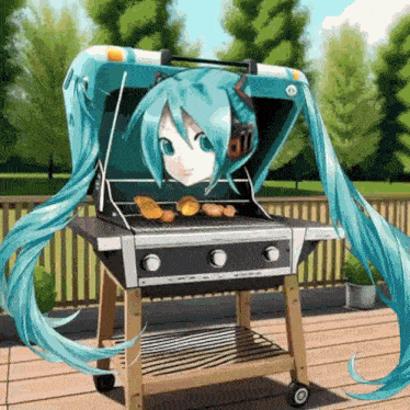 hatsune miku is sitting on a grill with her head sticking out of it .