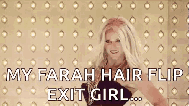 britney spears is dancing in front of a wall of lights and saying `` my farah hair flip exit girl ... ''
