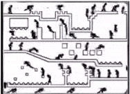 a black and white drawing of a maze with a bunch of people walking through it .