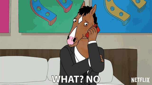 a cartoon of a man with a horse head talking on a cell phone with the words what no written below him
