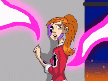 a cartoon of a girl in a red shirt with a purple mask on her face