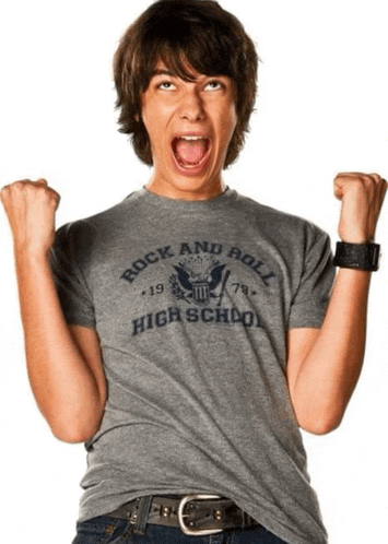 a young man wearing a rock and roll high school t-shirt