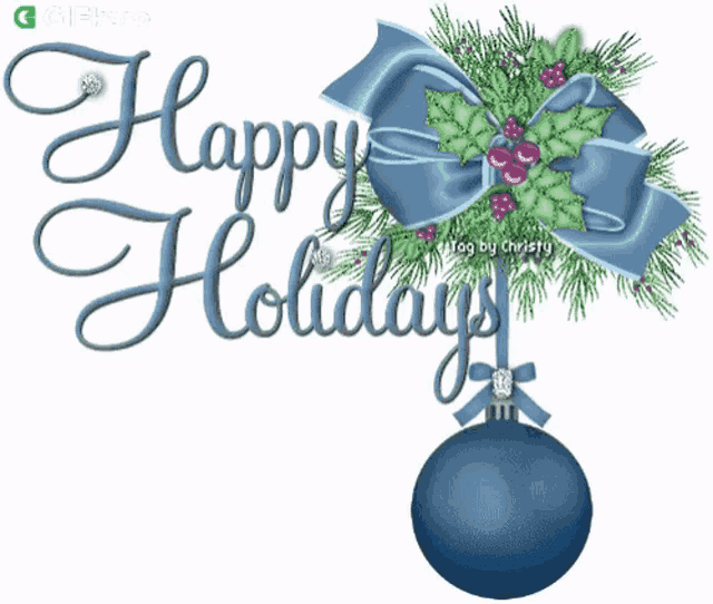 a happy holidays greeting card with a blue christmas ornament