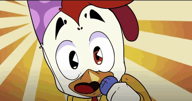 a cartoon of a chicken holding a microphone