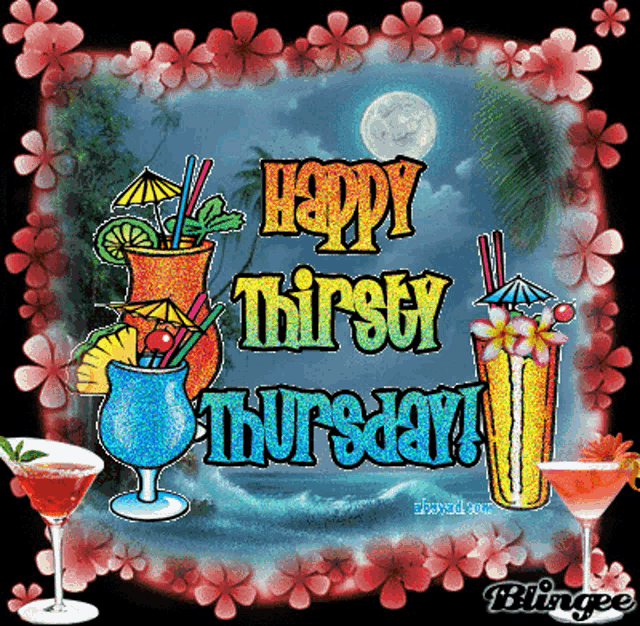 a happy thirsty thursday greeting card with tropical drinks