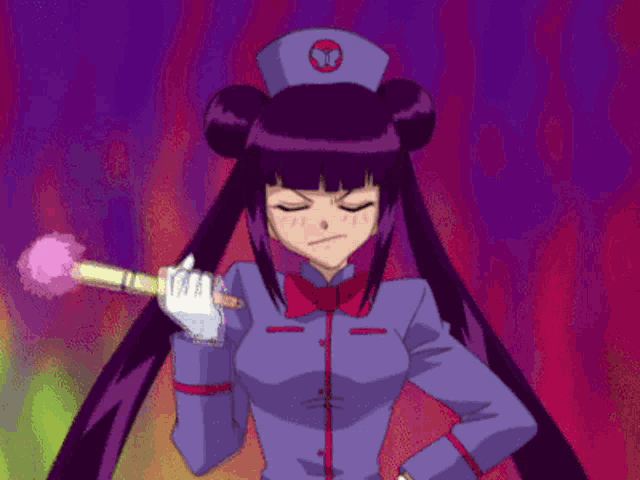 a nurse with a butterfly on her hat is holding a pink wand